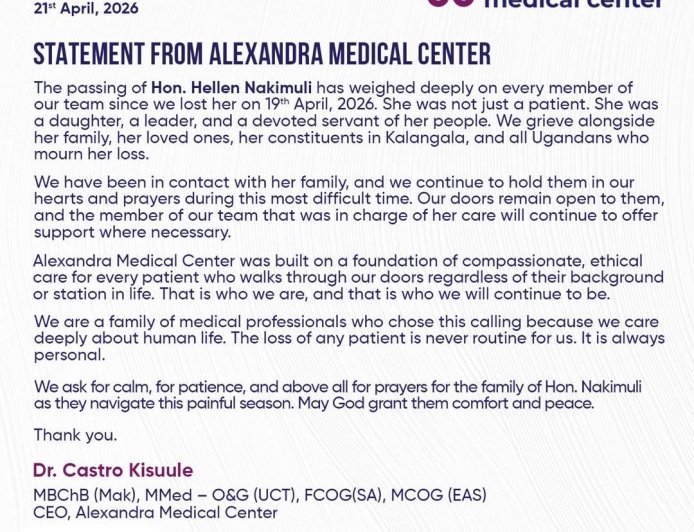 Alexandra Medical Center Mourns Hon. Hellen Nakimuli, Calls for Calm and Compassion