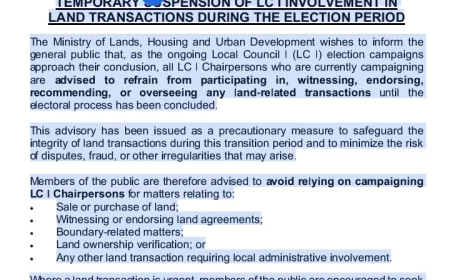 Ministry of Lands Suspends LC I Involvement in Land Transactions During Election Period