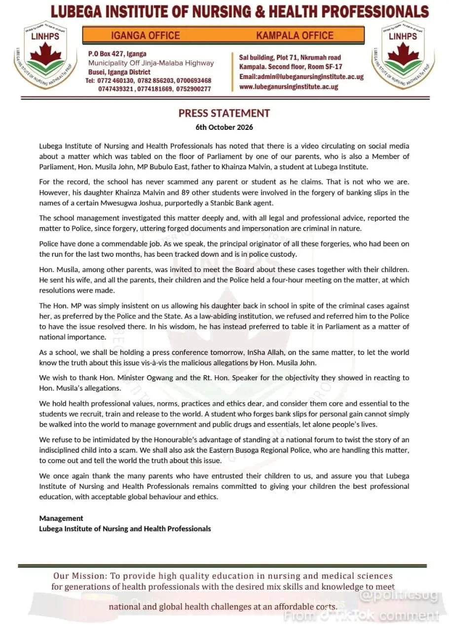 PRO Luwano Gives Lubega Institute’s Side in Musila Students’ Fee Dispute